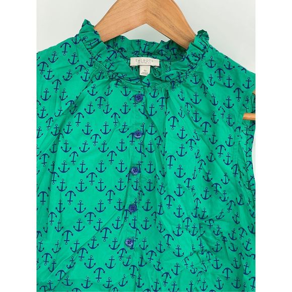 Talbots Tank Top Women Small Petite Green Blue Anchor Ruffle Neck Button Up - Picture 2 of 12